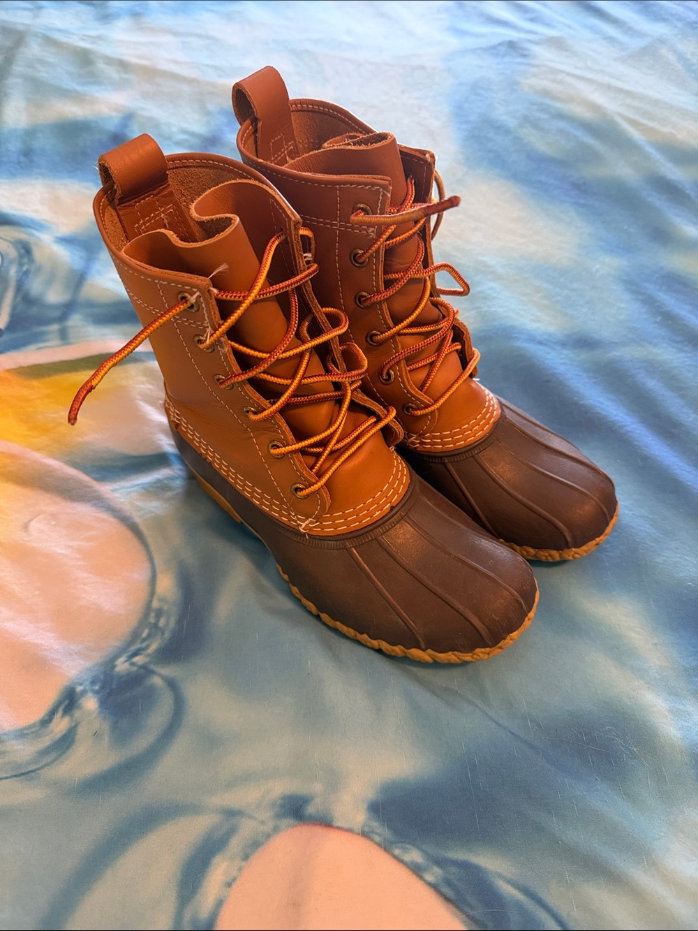 Brown Two-Tone LL Bean Duck Boots with Lace-Up Front